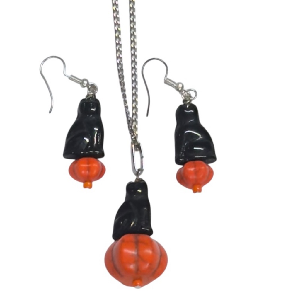 HANDCRAFTED Halloween HOLIDAY Black Cat And Orange MAGNESITE Pumpkin Jewelry Set